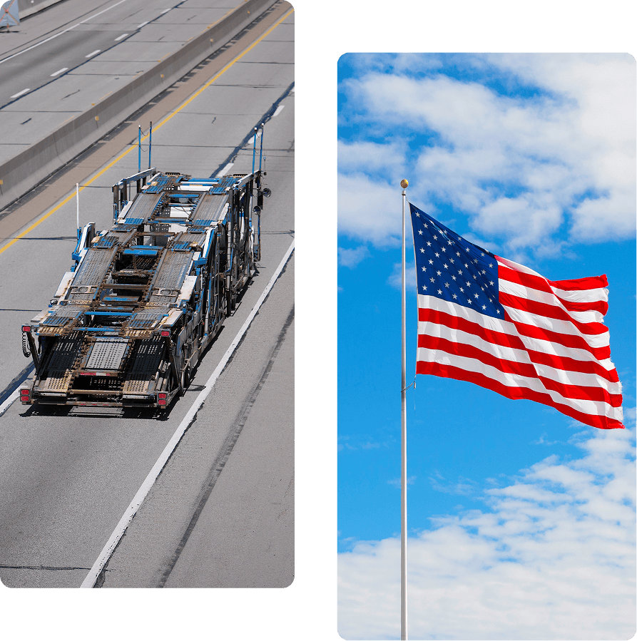 Car carrier and American flag on display.